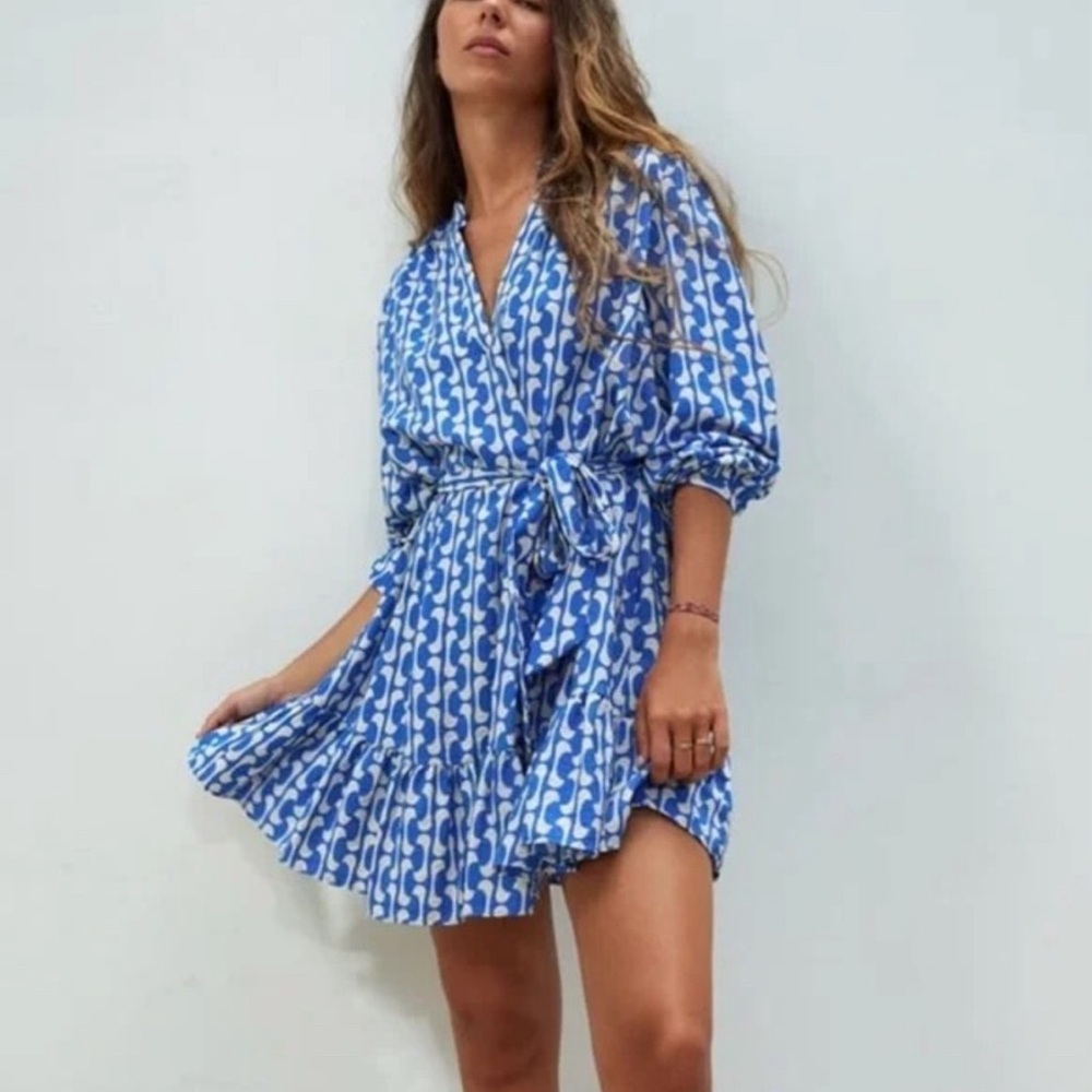 Zara Paula Blue/White Geometric Long Sleeve Mini Swing Dress Size Medium